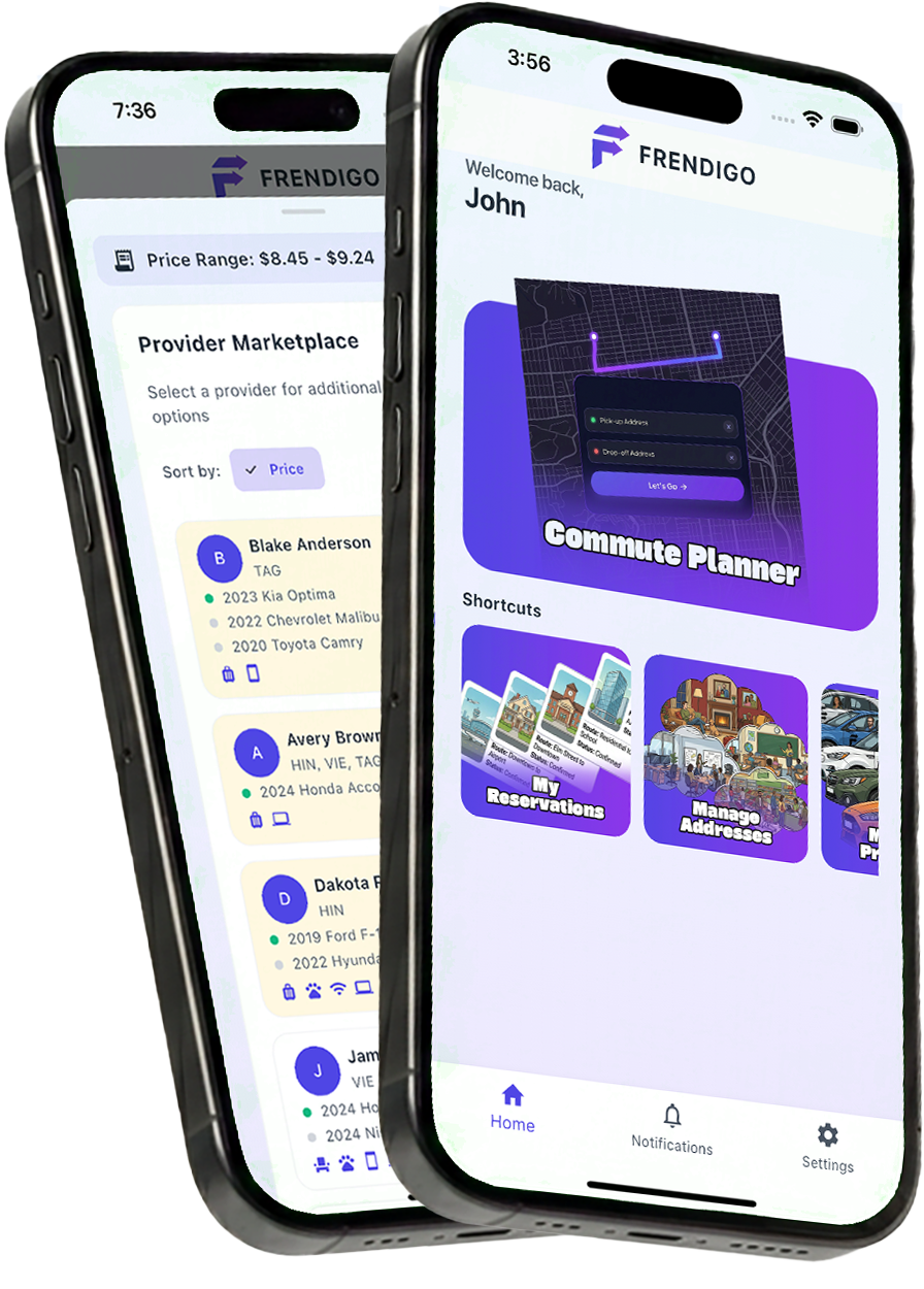 Frendigo home screen and provider marketplace